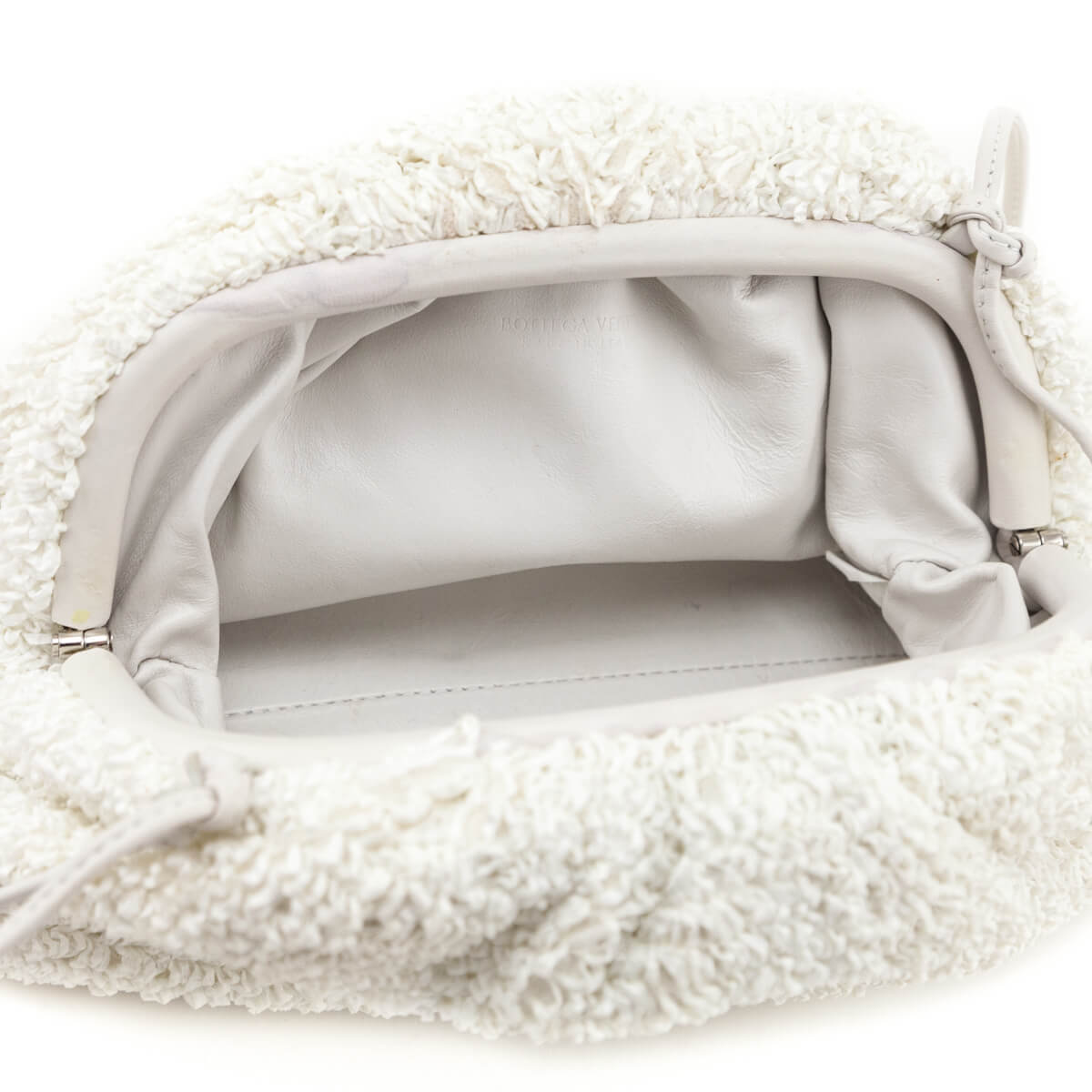 Bottega Veneta White Chalk Boucle Curly Raffia The Mini Pouch - Love that Bag etc - Preowned Authentic Designer Handbags Preloved Fashions