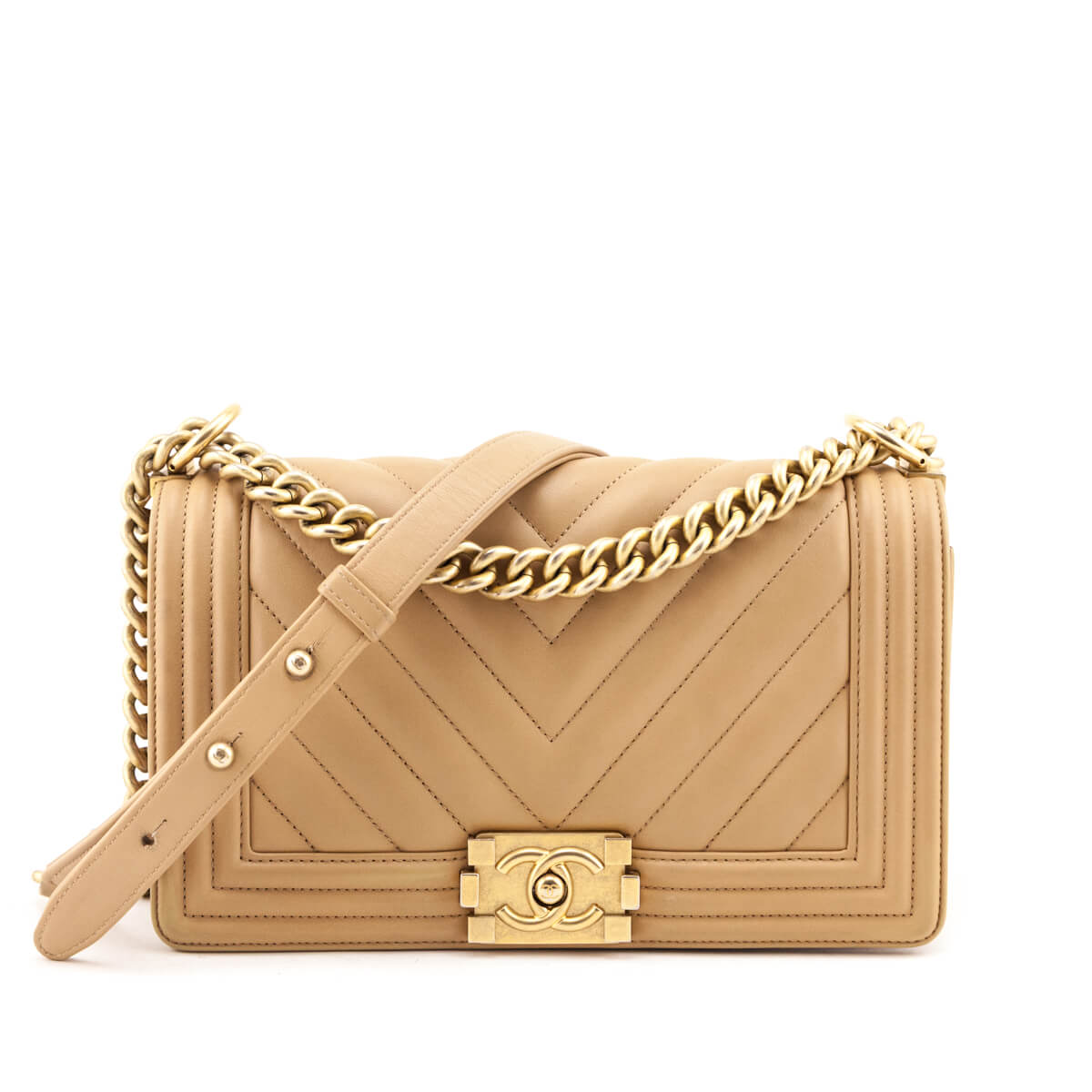 Chanel Beige Calfskin Chevron Quilted Medium Boy Flap - Love that Bag etc - Preowned Authentic Designer Handbags Preloved Fashions