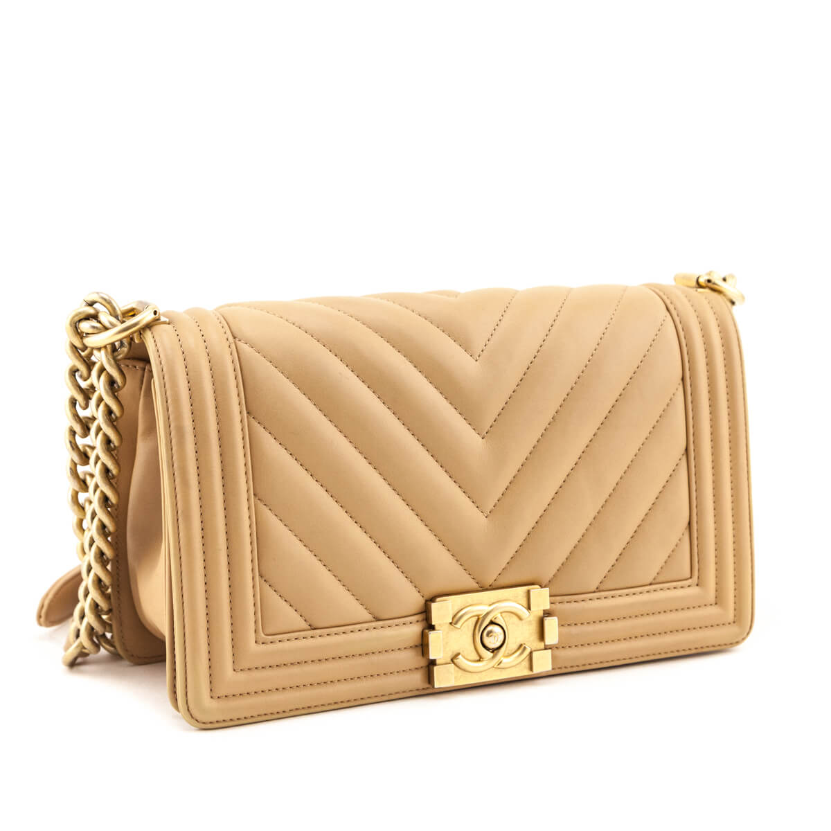 Chanel Beige Calfskin Chevron Quilted Medium Boy Flap - Love that Bag etc - Preowned Authentic Designer Handbags Preloved Fashions