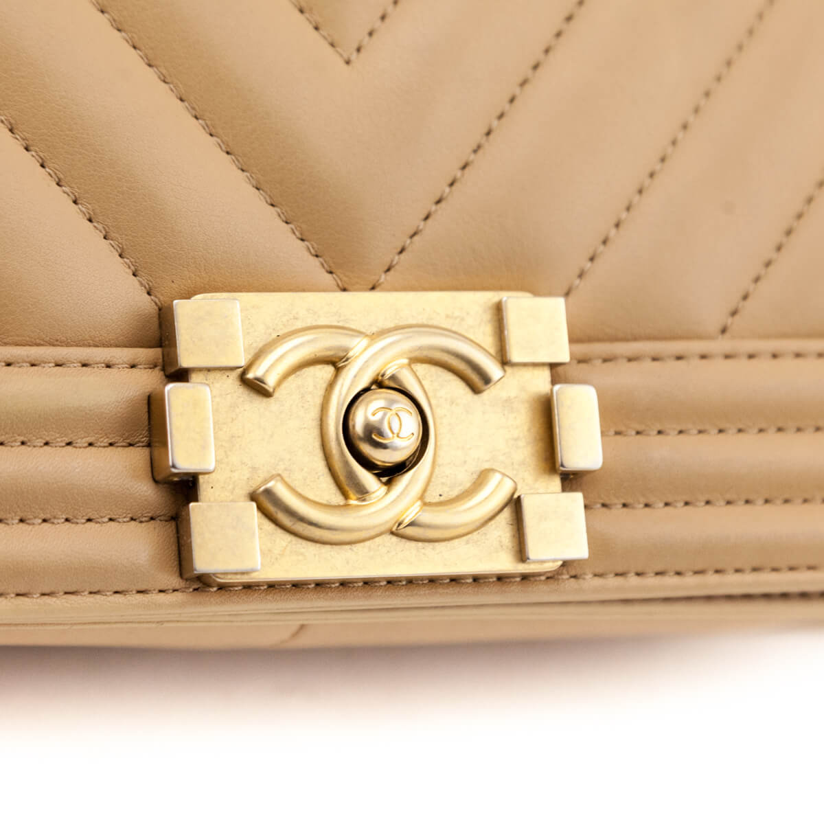 Chanel Beige Calfskin Chevron Quilted Medium Boy Flap - Love that Bag etc - Preowned Authentic Designer Handbags Preloved Fashions
