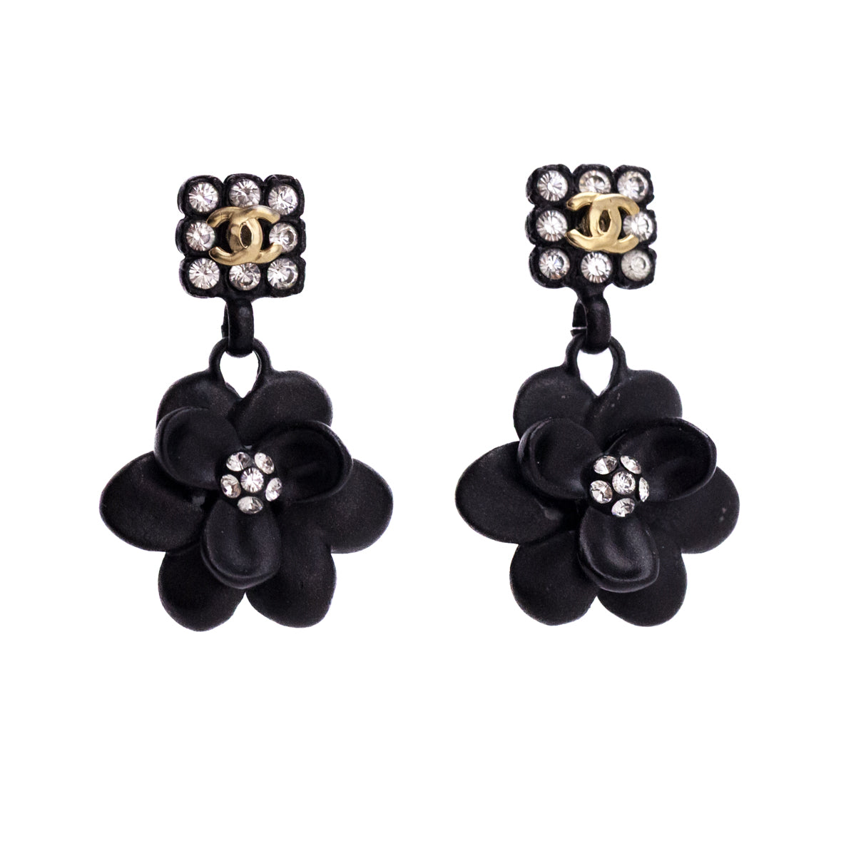 Chanel Black Camelia Crystal CC 2002 Drop Earrings - Love that Bag etc - Preowned Authentic Designer Handbags Preloved Fashions