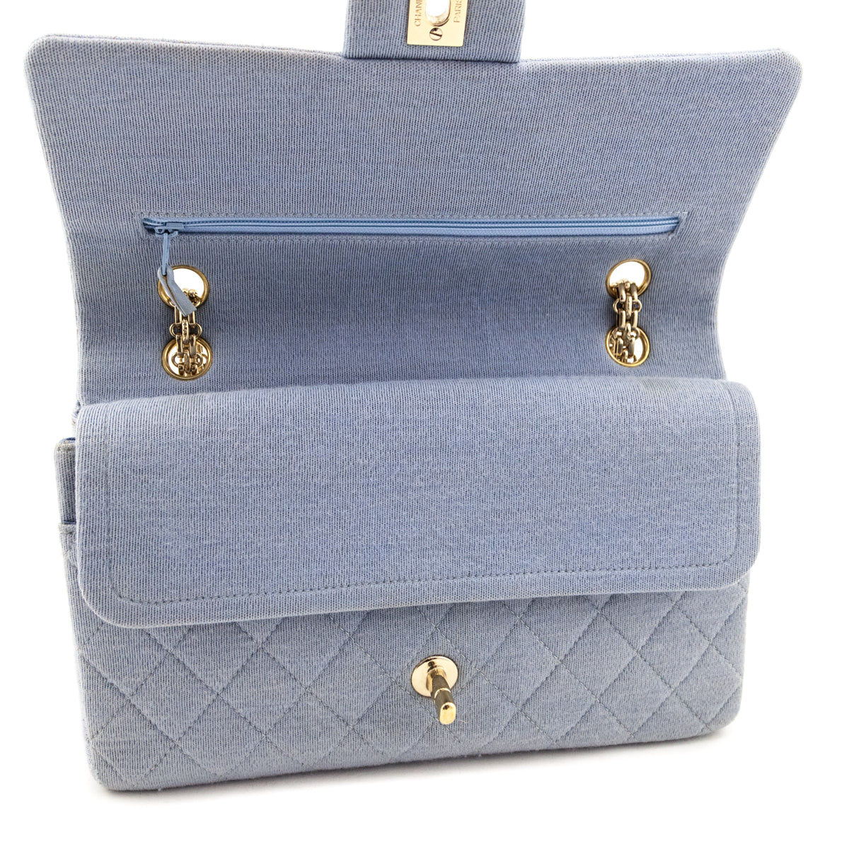 Chanel Blue Jersey Quilted Medium Double Flap - Love that Bag etc - Preowned Authentic Designer Handbags Preloved Fashions