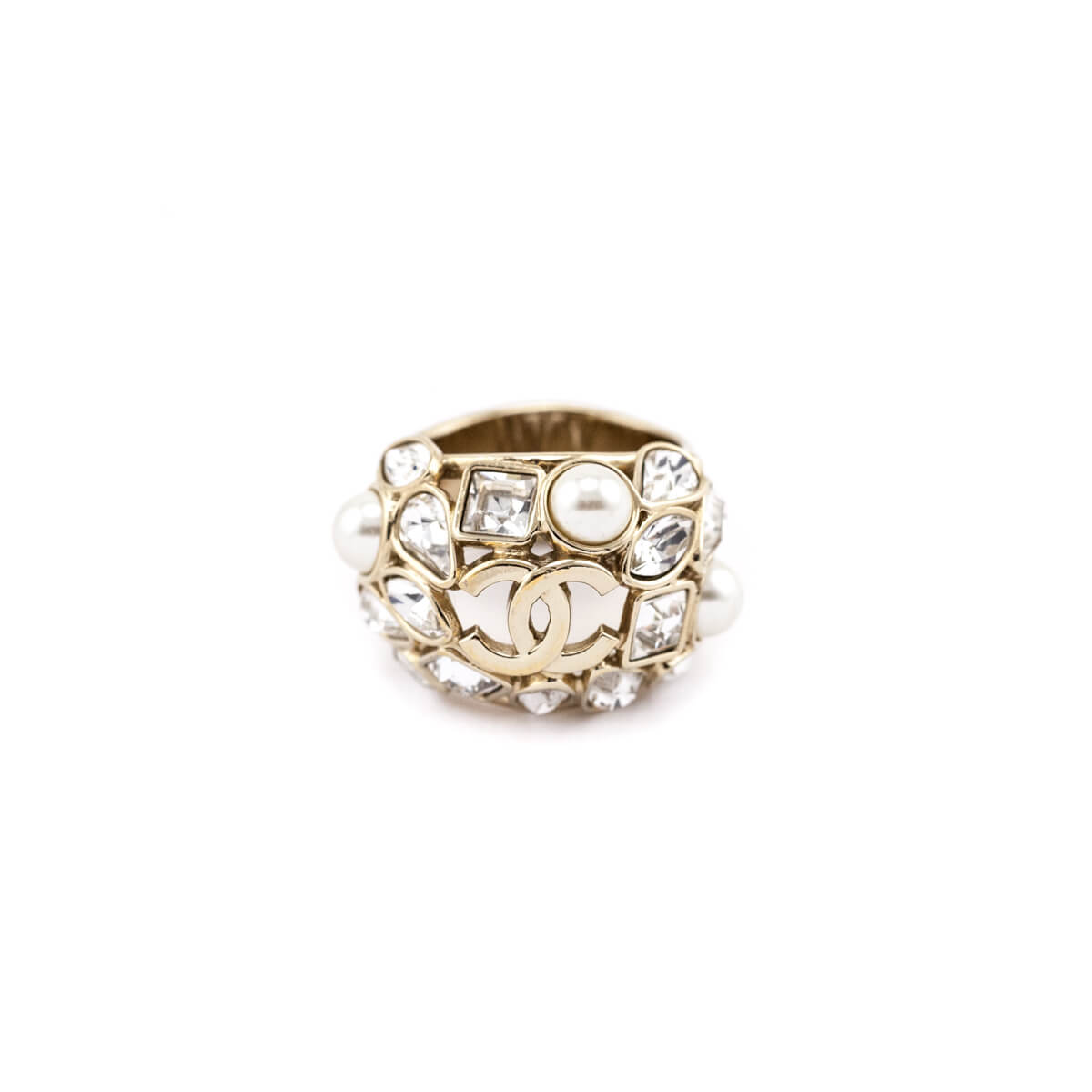 Chanel Gold-Tone, Faux Pearl CC Cocktail Ring Size US 7.25 - Love that Bag etc - Preowned Authentic Designer Handbags Preloved Fashions