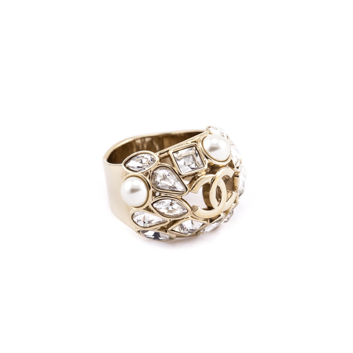 Chanel Gold-Tone, Faux Pearl CC Cocktail Ring Size US 7.25 - Love that Bag etc - Preowned Authentic Designer Handbags Preloved Fashions