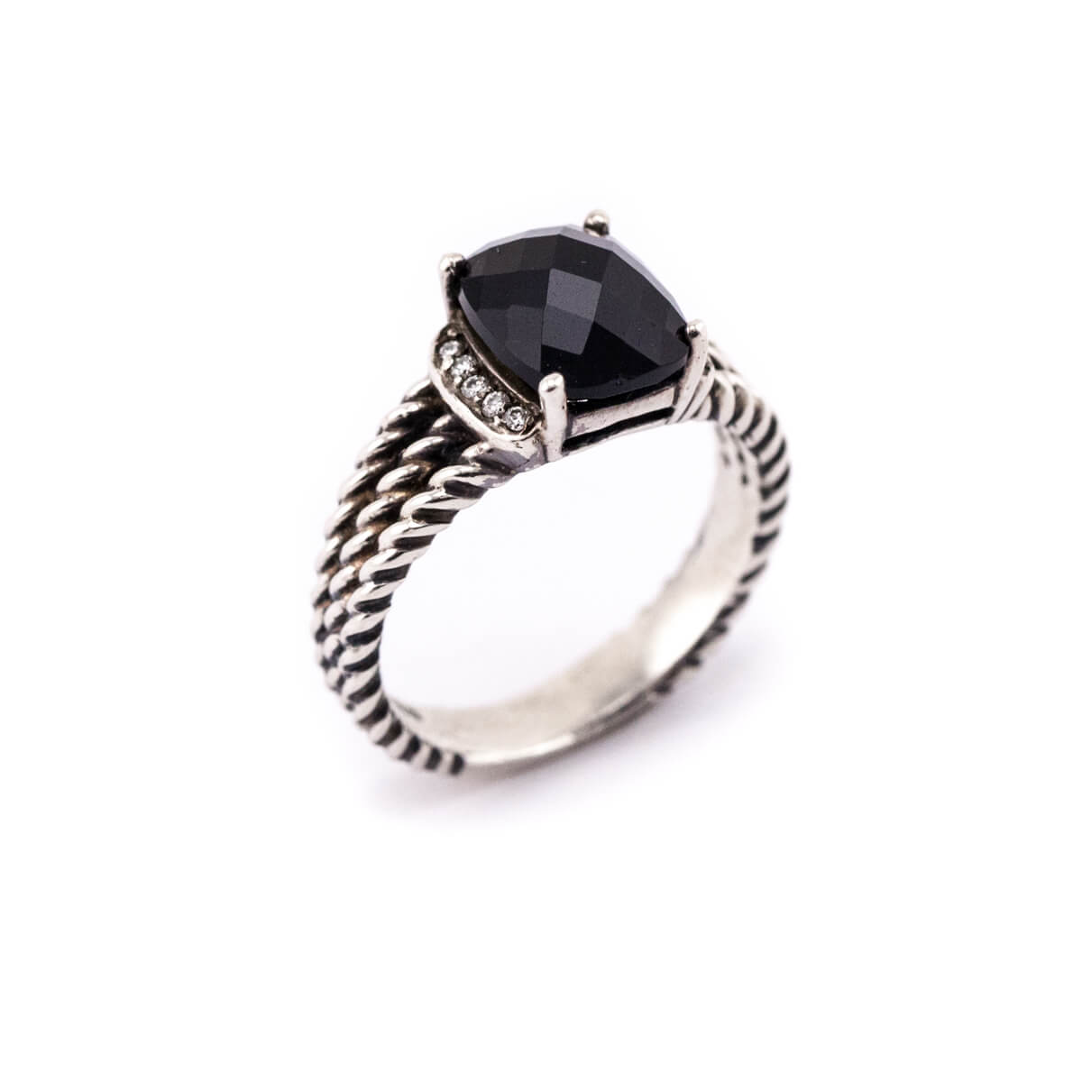 David Yurman Onyx and Diamond Silver Petite Wheaton Ring Size 7.75 - Love that Bag etc - Preowned Authentic Designer Handbags Preloved Fashions