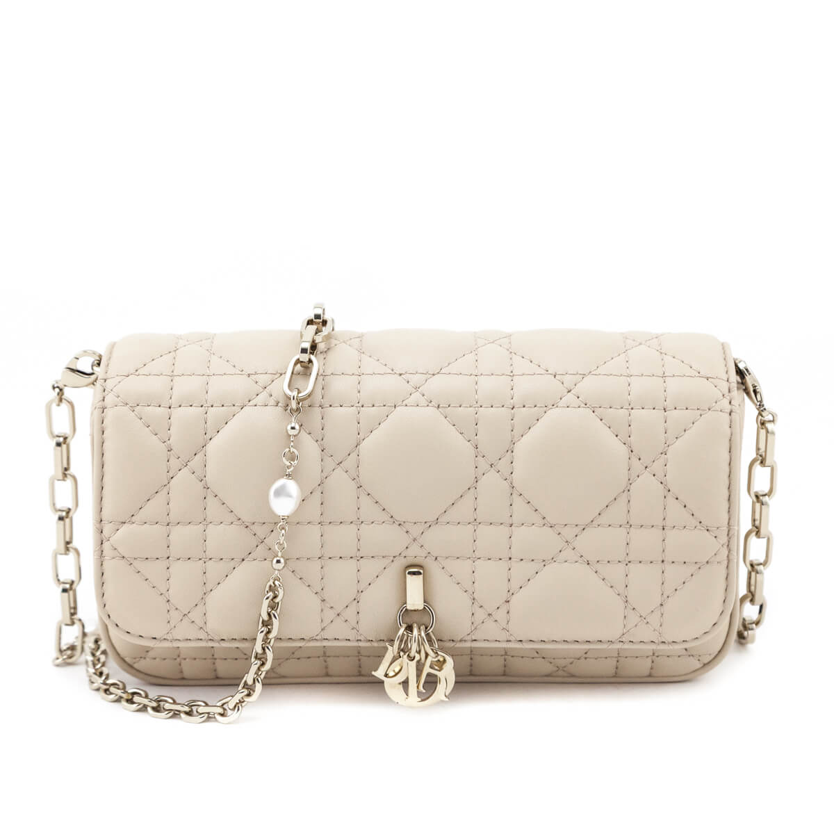 Dior Beige Calfskin Cannage Lady Dior Talk Phone Pouch - Love that Bag etc - Preowned Authentic Designer Handbags Preloved Fashions