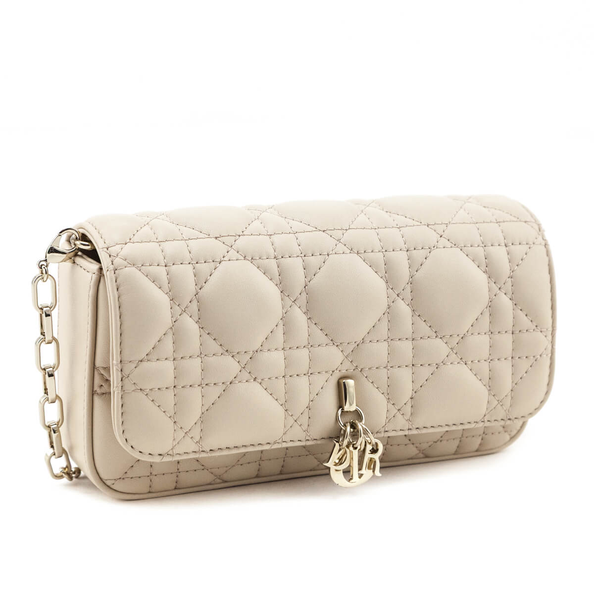 Dior Beige Calfskin Cannage Lady Dior Talk Phone Pouch - Love that Bag etc - Preowned Authentic Designer Handbags Preloved Fashions