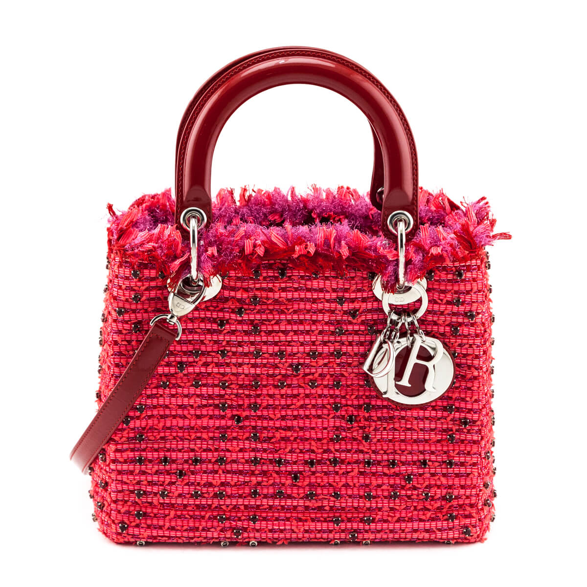 Dior Red Patent Pink Tweed Embellished Medium Lady Dior Bag - Love that Bag etc - Preowned Authentic Designer Handbags Preloved Fashions