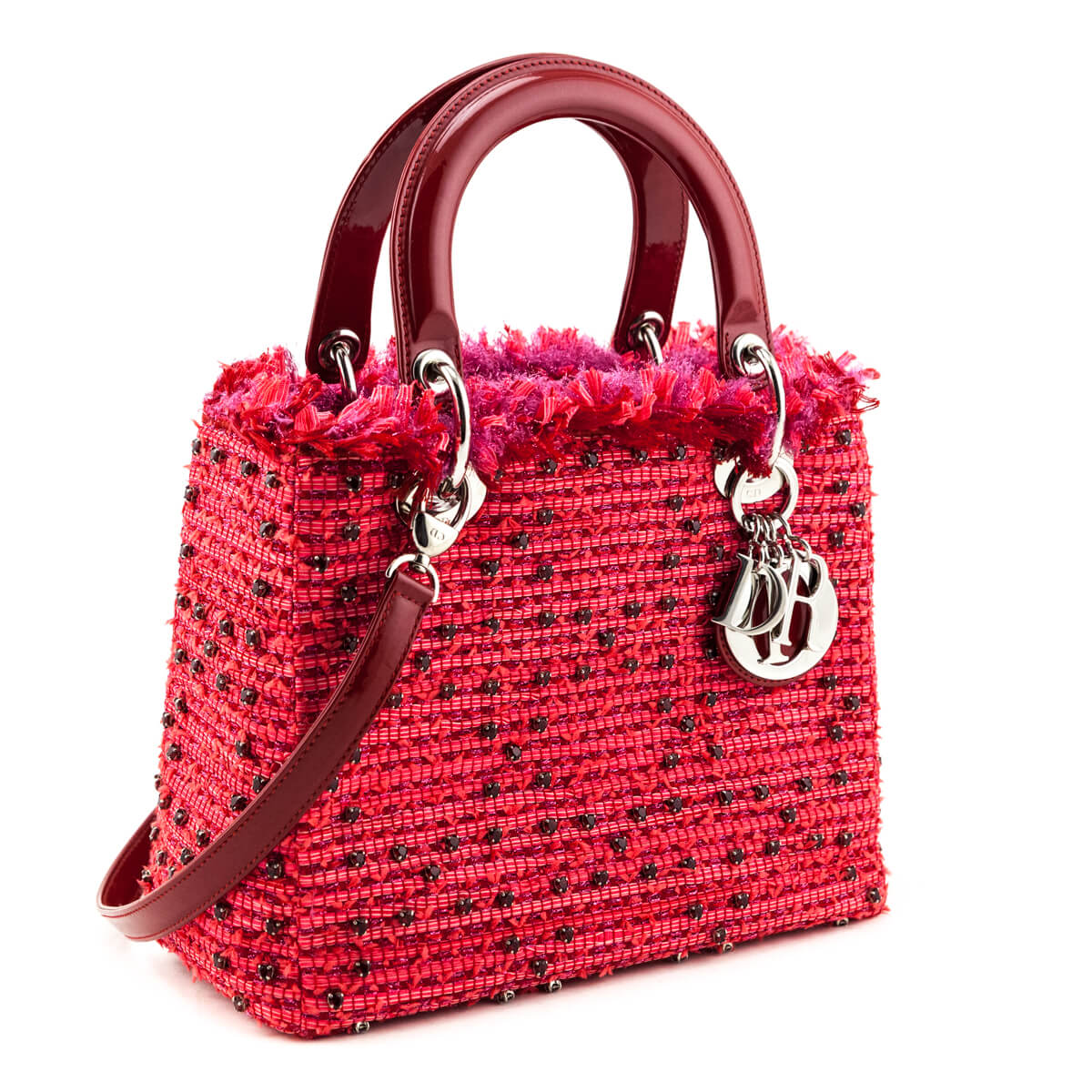 Dior Red Patent Pink Tweed Embellished Medium Lady Dior Bag - Love that Bag etc - Preowned Authentic Designer Handbags Preloved Fashions