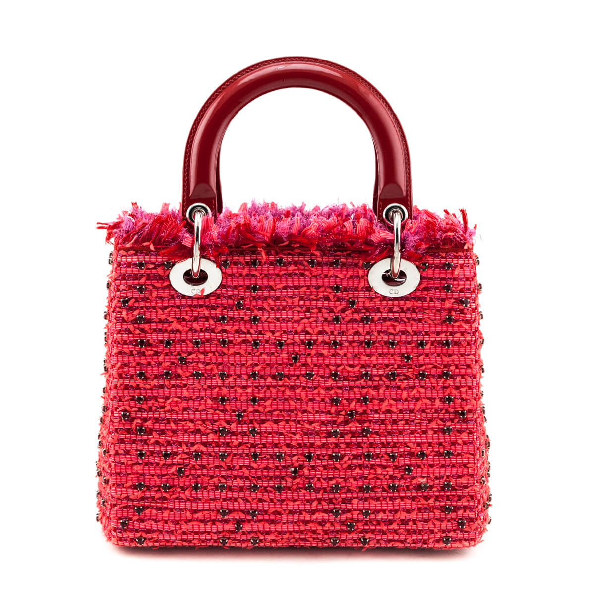 Dior Red Patent Pink Tweed Embellished Medium Lady Dior Bag - Love that Bag etc - Preowned Authentic Designer Handbags Preloved Fashions