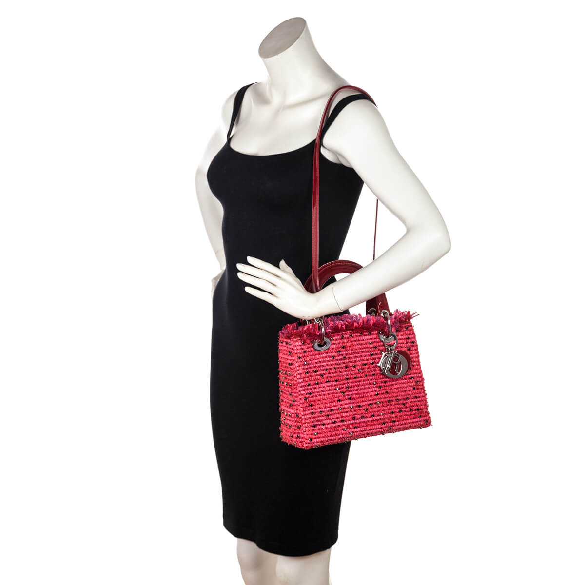 Dior Red Patent Pink Tweed Embellished Medium Lady Dior Bag - Love that Bag etc - Preowned Authentic Designer Handbags Preloved Fashions