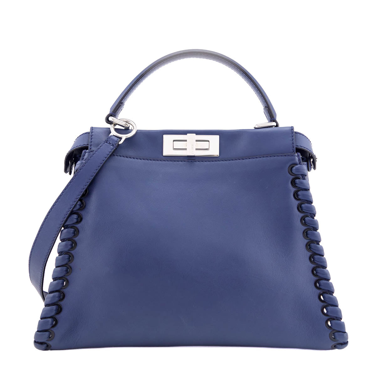 Fendi Blue Vitello Seta Lace Up Medium Peekaboo Iconic Satchel - Love that Bag etc - Preowned Authentic Designer Handbags Preloved Fashions