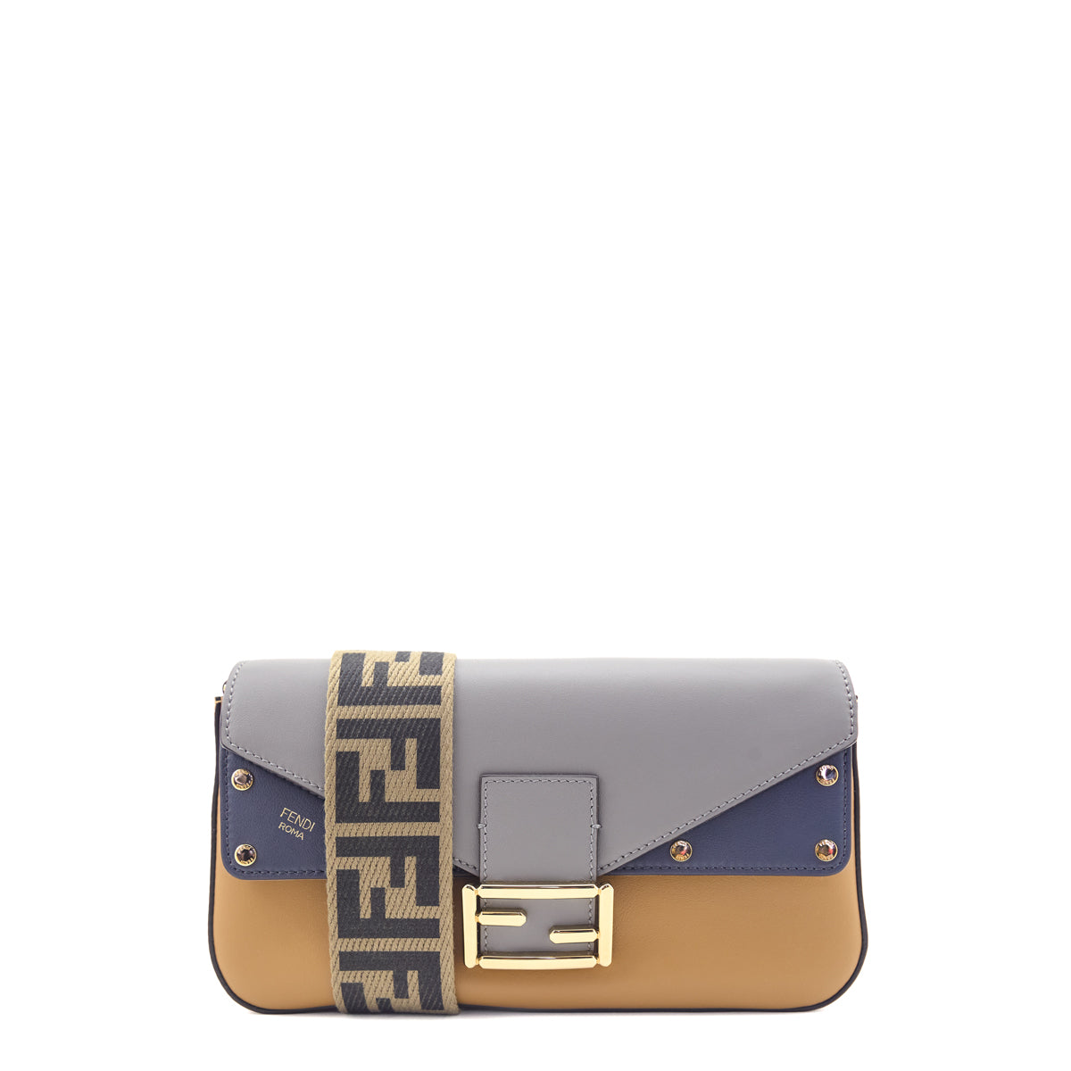 Fendi Gray Tan Vitello Grace FF 1974 Flip Baguette - Love that Bag etc - Preowned Authentic Designer Handbags Preloved Fashions