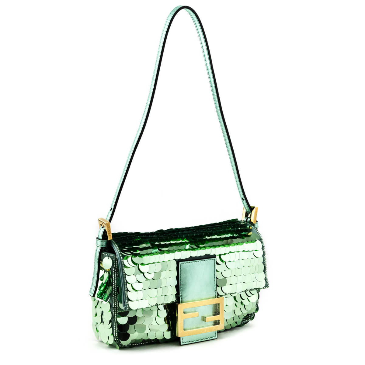 Fendi Light Green Satin Sequin Paillettes Shiny Nappa Mini Baguette 1997 - Love that Bag etc - Preowned Authentic Designer Handbags Preloved Fashions