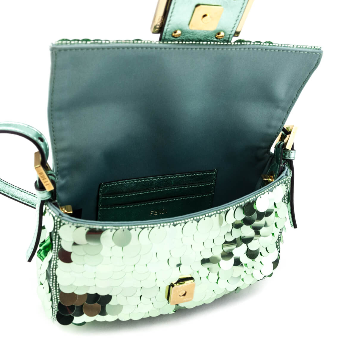 Fendi Light Green Satin Sequin Paillettes Shiny Nappa Mini Baguette 1997 - Love that Bag etc - Preowned Authentic Designer Handbags Preloved Fashions