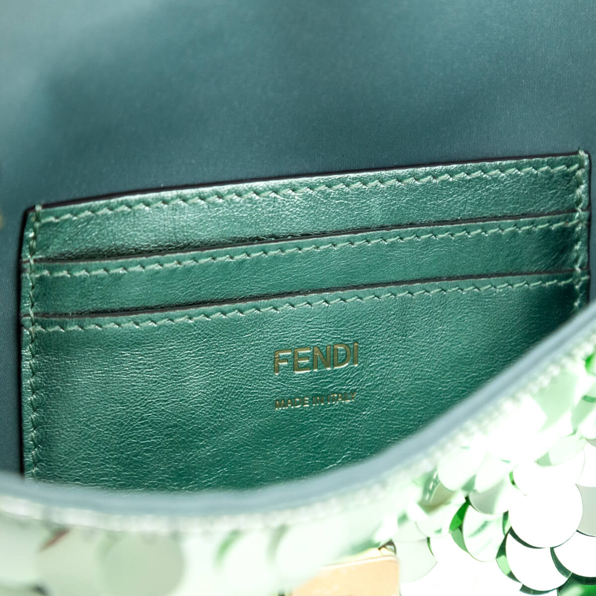 Fendi Light Green Satin Sequin Paillettes Shiny Nappa Mini Baguette 1997 - Love that Bag etc - Preowned Authentic Designer Handbags Preloved Fashions