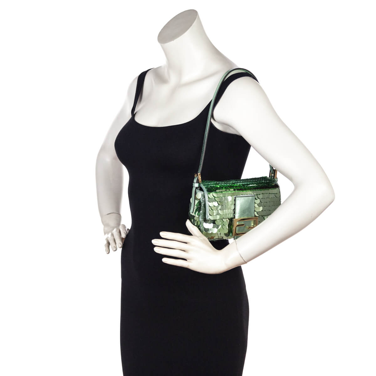 Fendi Light Green Satin Sequin Paillettes Shiny Nappa Mini Baguette 1997 - Love that Bag etc - Preowned Authentic Designer Handbags Preloved Fashions