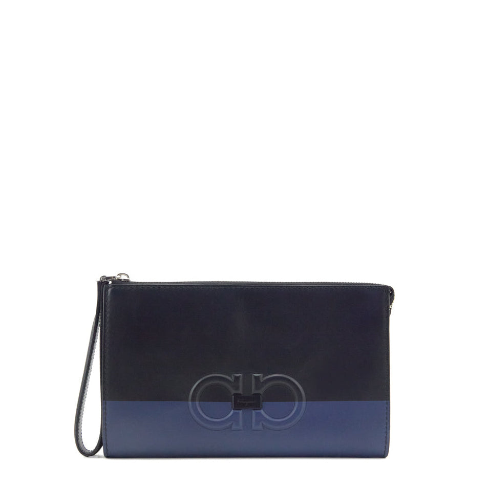 Ferragamo Black Navy Calfskin Gancini Clutch - Love that Bag etc - Preowned Authentic Designer Handbags Preloved Fashions