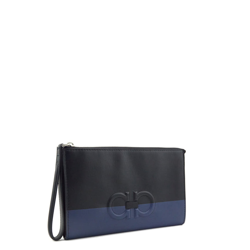 Ferragamo Black Navy Calfskin Gancini Clutch - Love that Bag etc - Preowned Authentic Designer Handbags Preloved Fashions