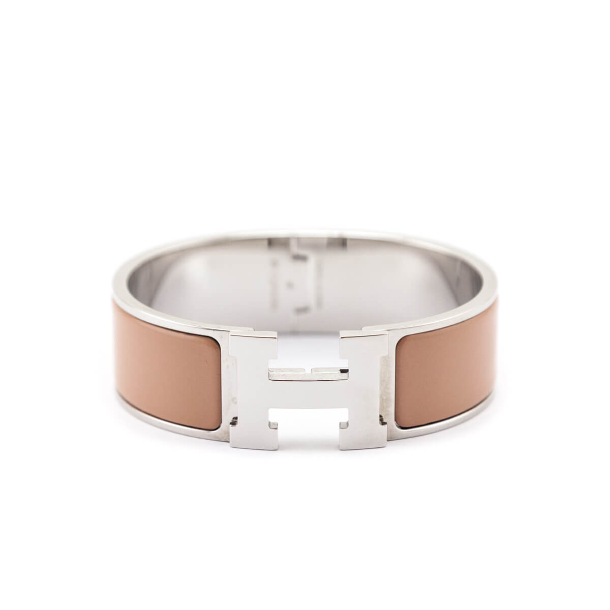 Hermes Beige Enamel Palladium Wide Clic Clac H Bracelet - Love that Bag etc - Preowned Authentic Designer Handbags Preloved Fashions