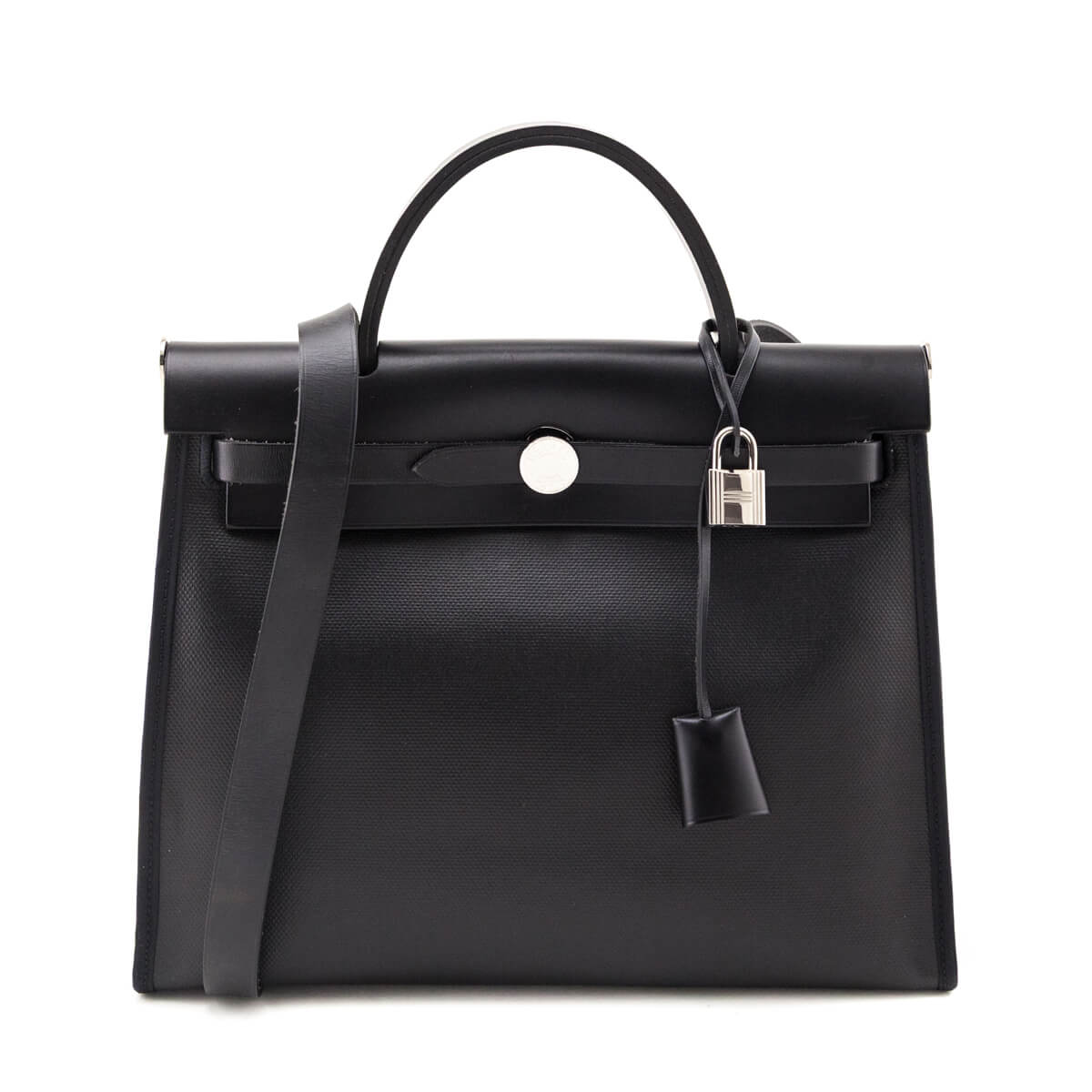 Hermes Black Ecru Toile H Berline Vache Hunter Herbag Zip 31 - Love that Bag etc - Preowned Authentic Designer Handbags Preloved Fashions
