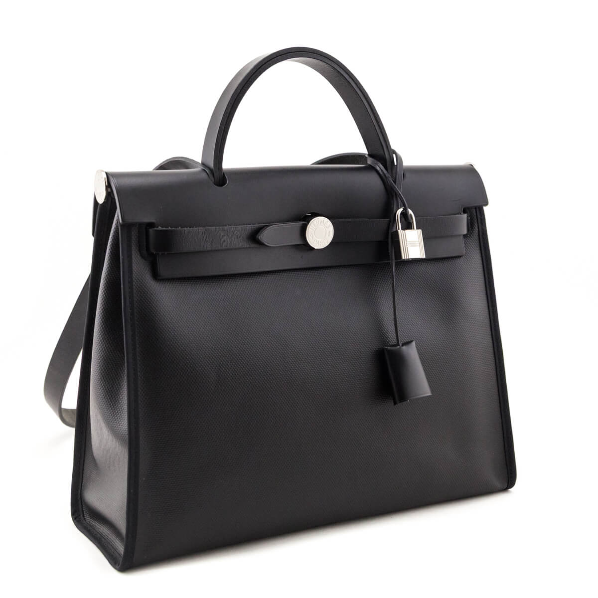 Hermes Black Ecru Toile H Berline Vache Hunter Herbag Zip 31 - Love that Bag etc - Preowned Authentic Designer Handbags Preloved Fashions