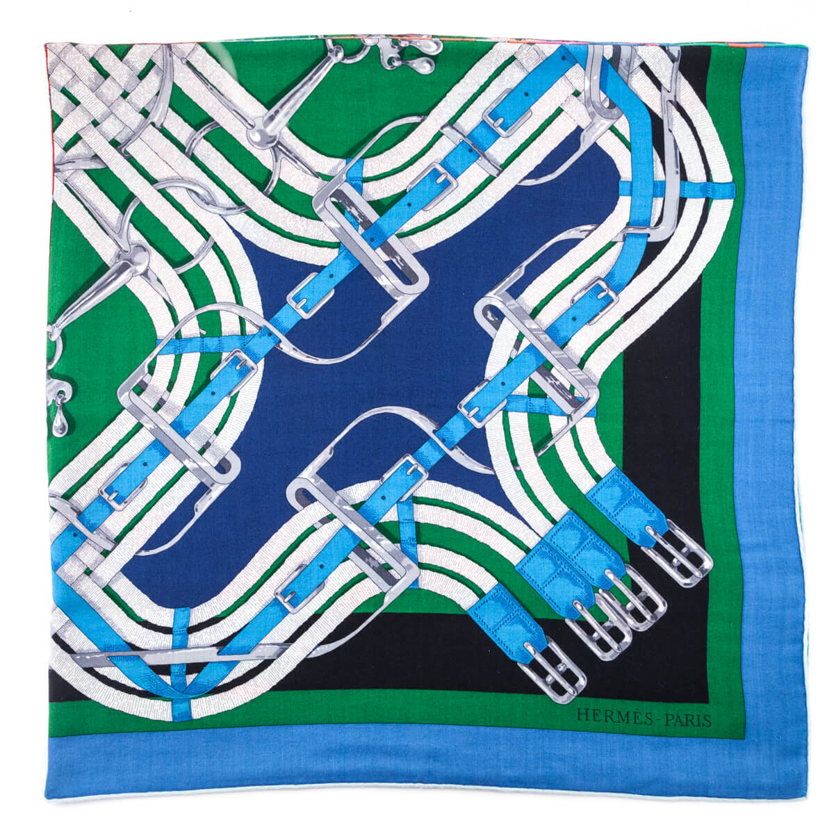 Hermes Blue Green Grand Manege a Jouets Cashmere Shawl 140 - Love that Bag etc - Preowned Authentic Designer Handbags Preloved Fashions