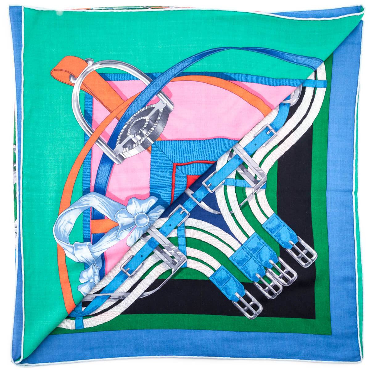 Hermes Blue Green Grand Manege a Jouets Cashmere Shawl 140 - Love that Bag etc - Preowned Authentic Designer Handbags Preloved Fashions