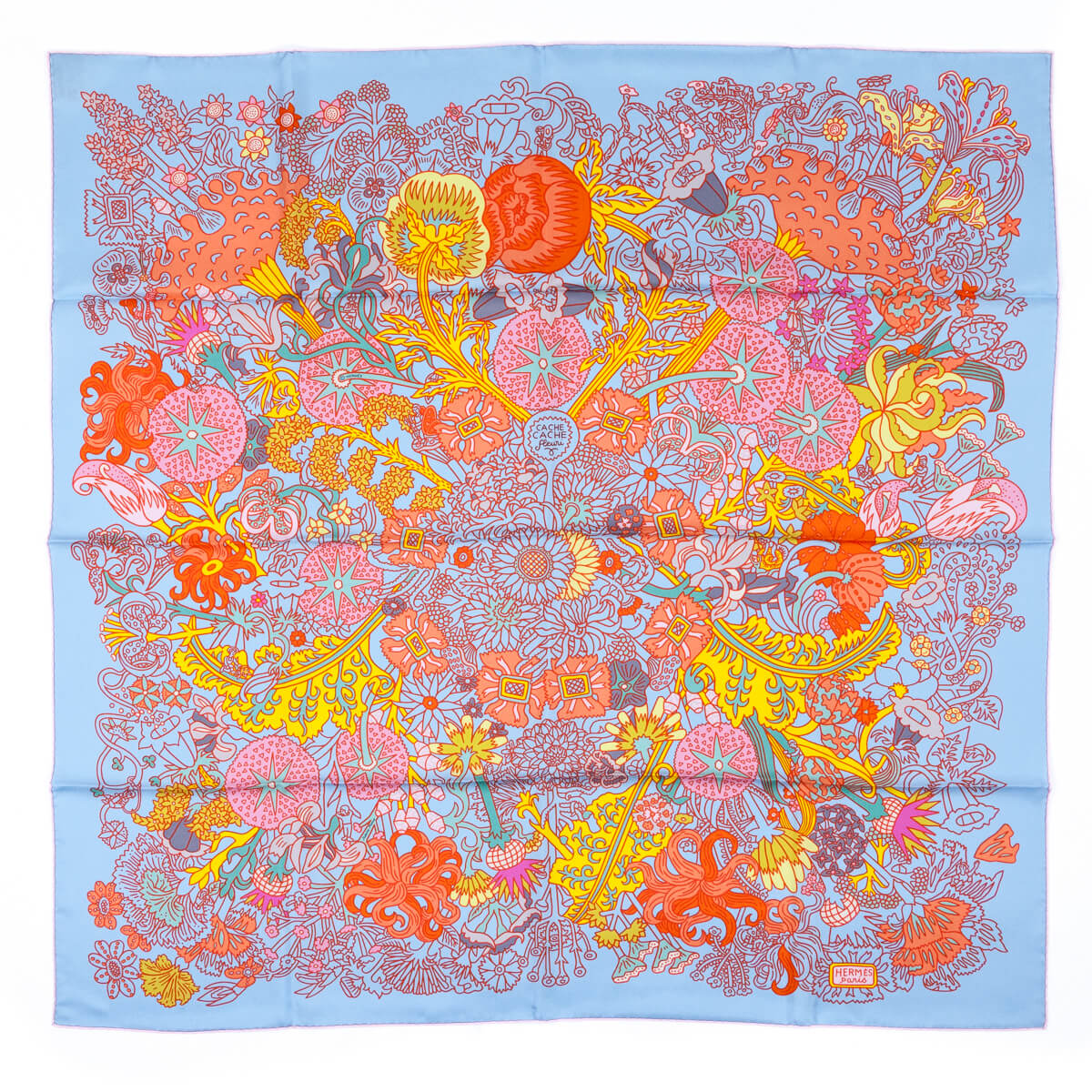 Hermes Blue Salmon Cache-Cache Fleuri Silk Scarf 90 - Love that Bag etc - Preowned Authentic Designer Handbags Preloved Fashions