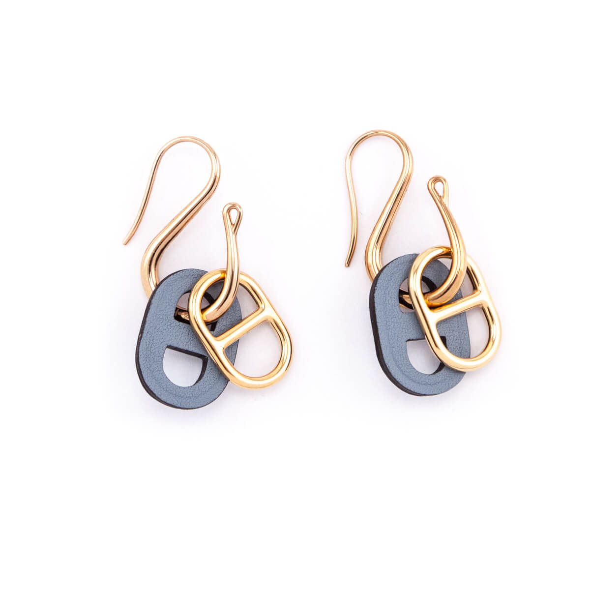 Hermes Rose Gold-Plated Bleu Lin Swift O'Maillon Earrings - Love that Bag etc - Preowned Authentic Designer Handbags Preloved Fashions