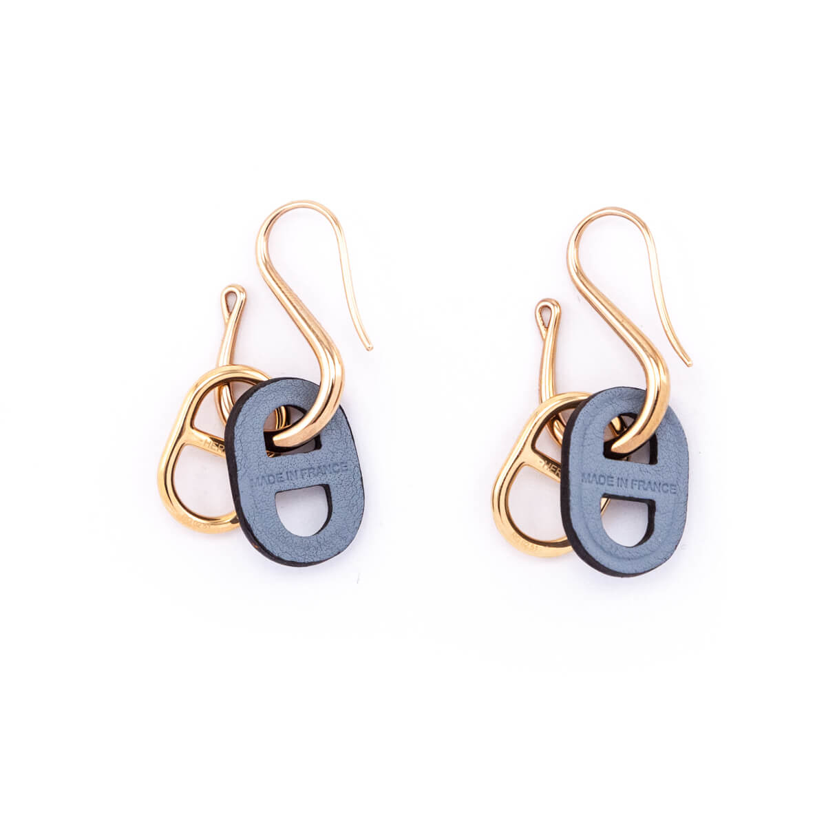 Hermes Rose Gold-Plated Bleu Lin Swift O'Maillon Earrings - Love that Bag etc - Preowned Authentic Designer Handbags Preloved Fashions