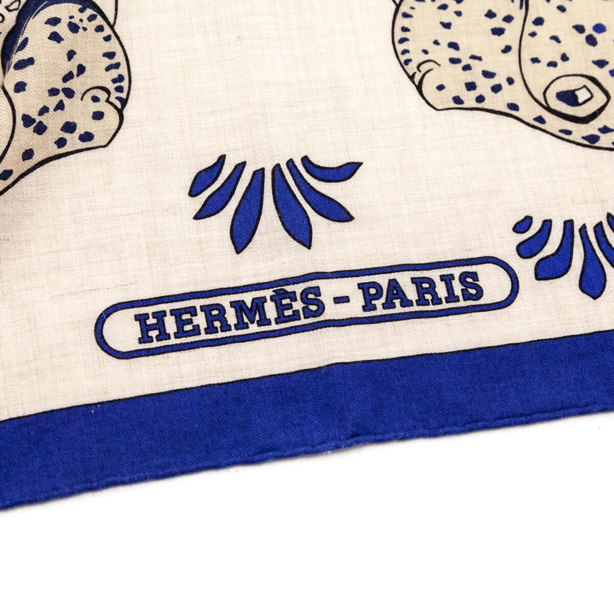 Hermes Navy Natural Les Leopard Cashmere Shawl 140 - Love that Bag etc - Preowned Authentic Designer Handbags Preloved Fashions