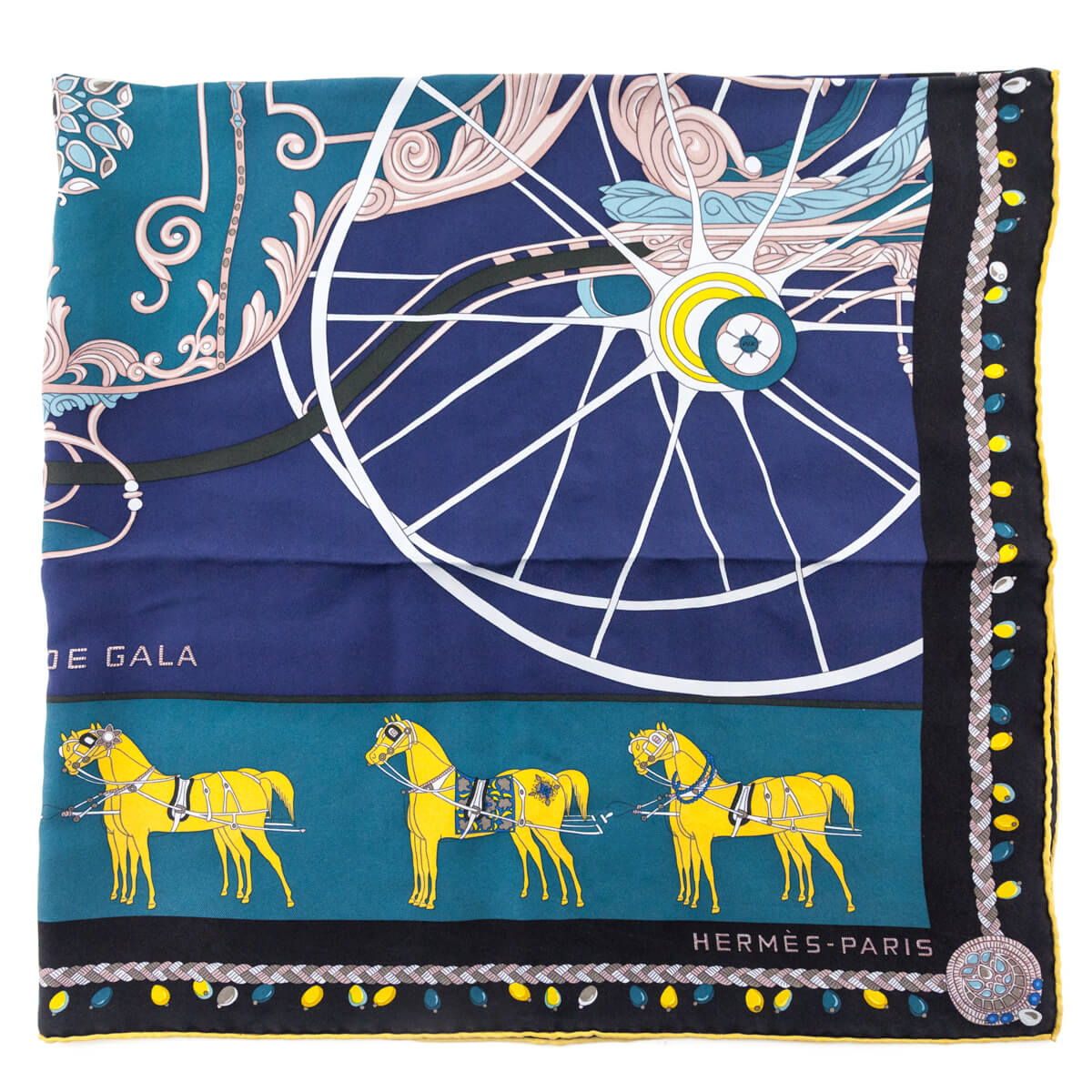 Hermes Navy Yellow Silk Wash Coupe de Gala Scarf - Love that Bag etc - Preowned Authentic Designer Handbags Preloved Fashions