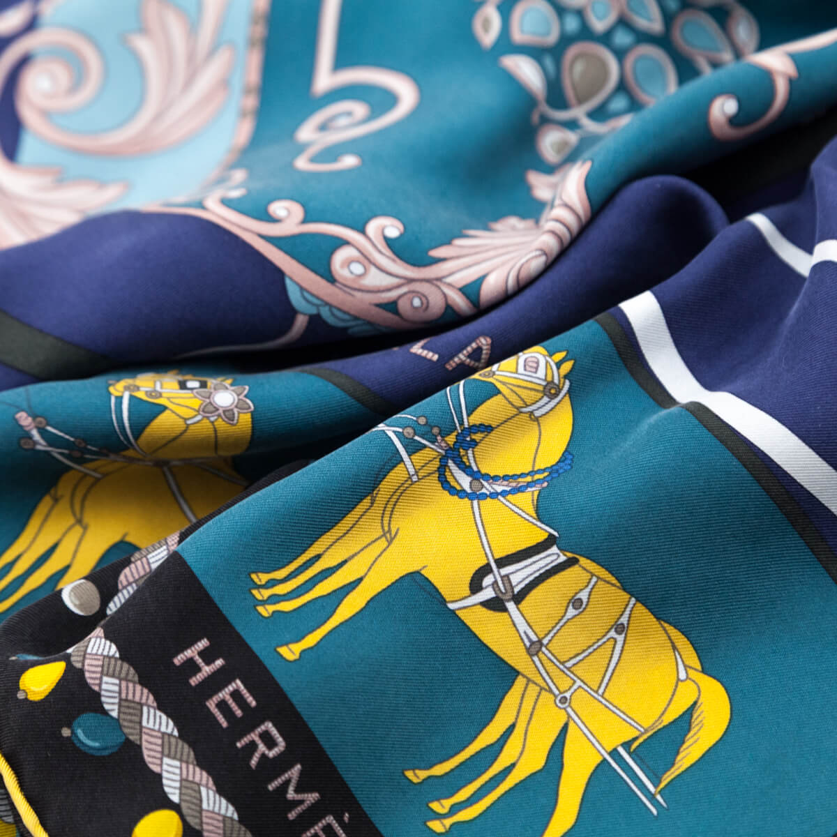 Hermes Navy Yellow Silk Wash Coupe de Gala Scarf - Love that Bag etc - Preowned Authentic Designer Handbags Preloved Fashions