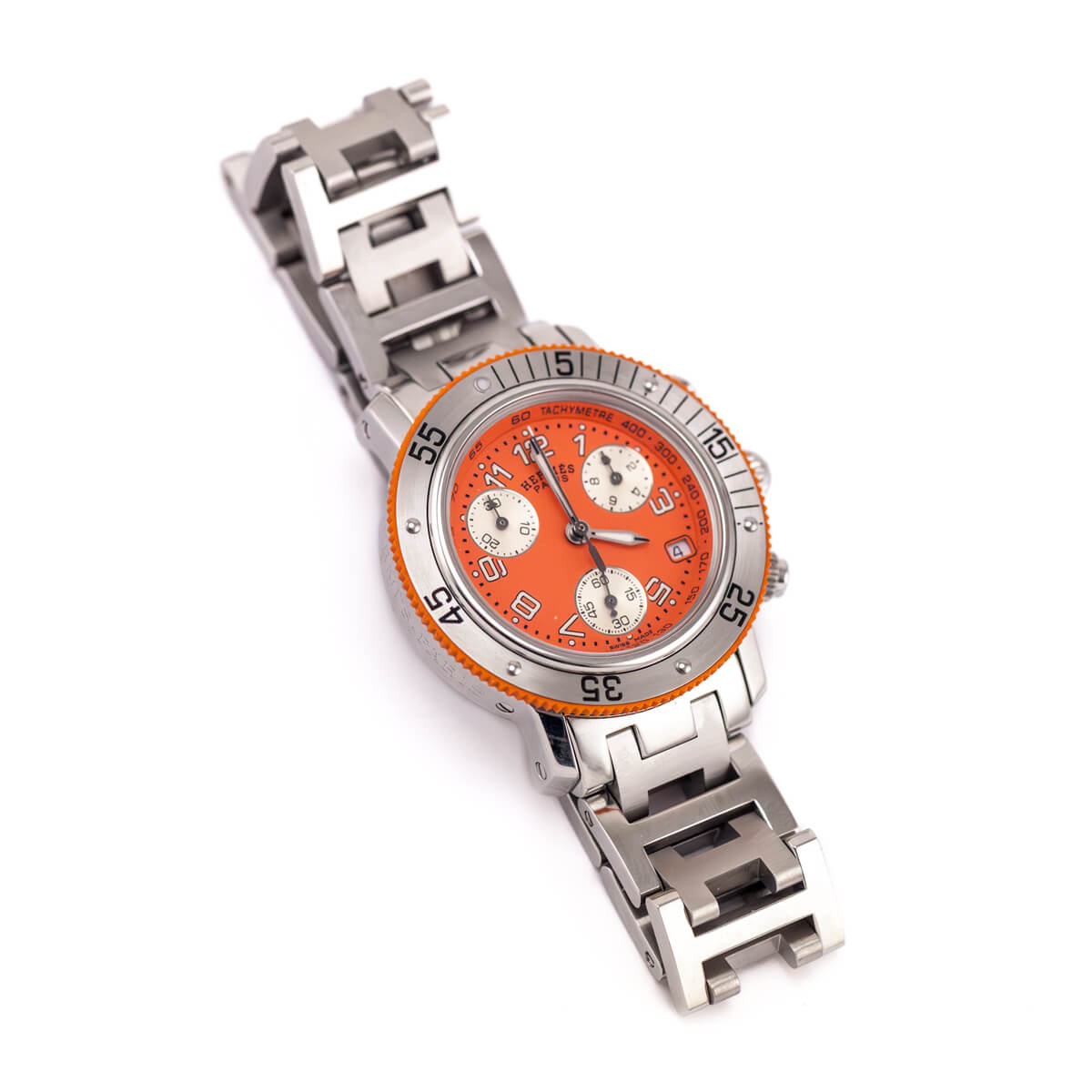 Hermes Orange Stainless Steel 33mm Clipper Chronograph CL2.316 Quartz Watch - Love that Bag etc - Preowned Authentic Designer Handbags Preloved Fashions