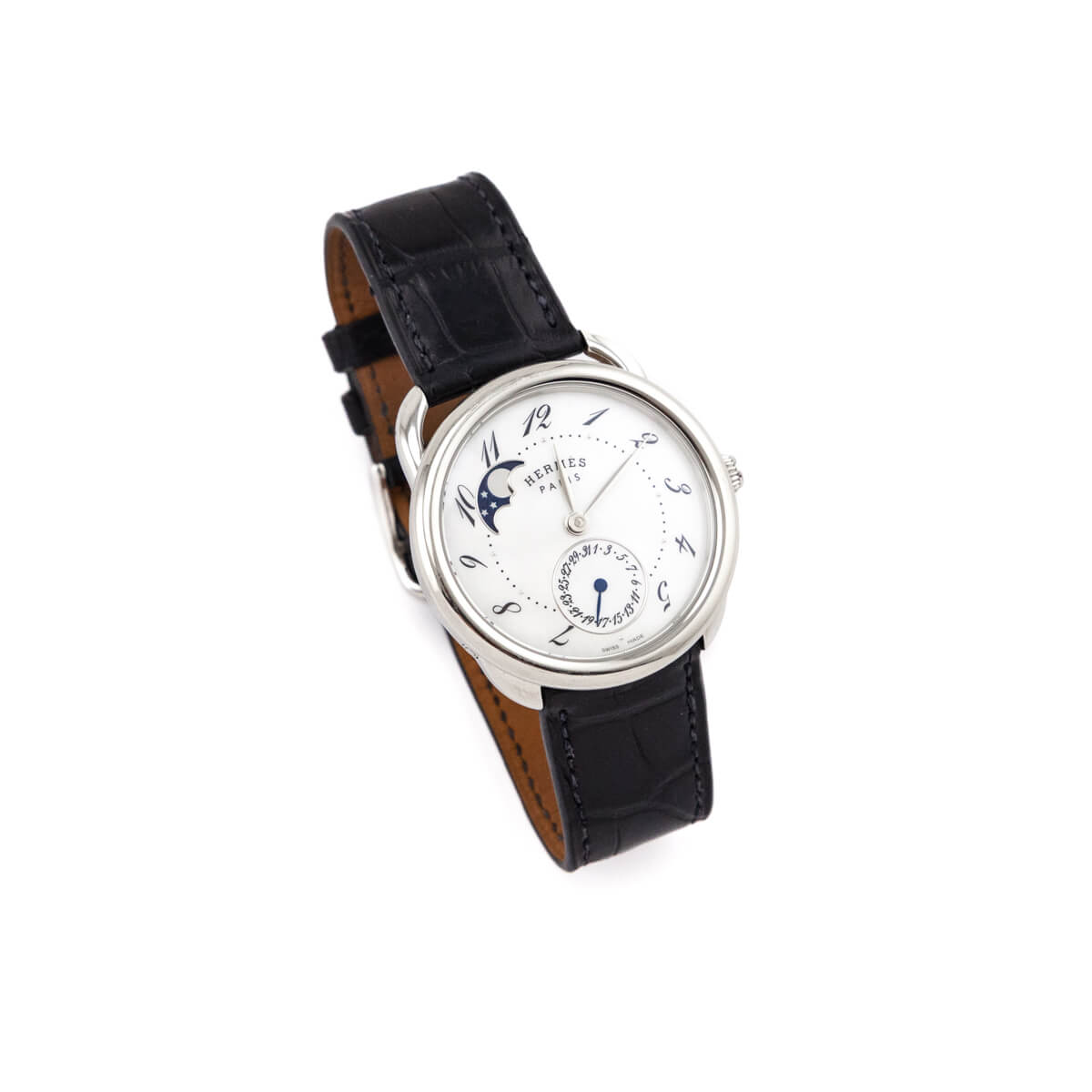 Hermes Stainless Steel Sapphire Alligator Arceau Petite Lune 38 MM Watch - Love that Bag etc - Preowned Authentic Designer Handbags Preloved Fashions