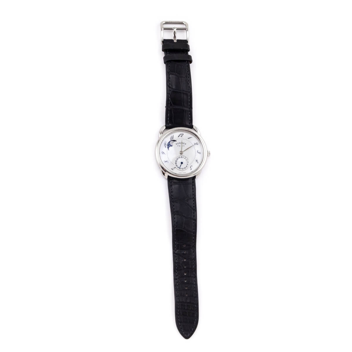 Hermes Stainless Steel Sapphire Alligator Arceau Petite Lune 38 MM Watch - Love that Bag etc - Preowned Authentic Designer Handbags Preloved Fashions