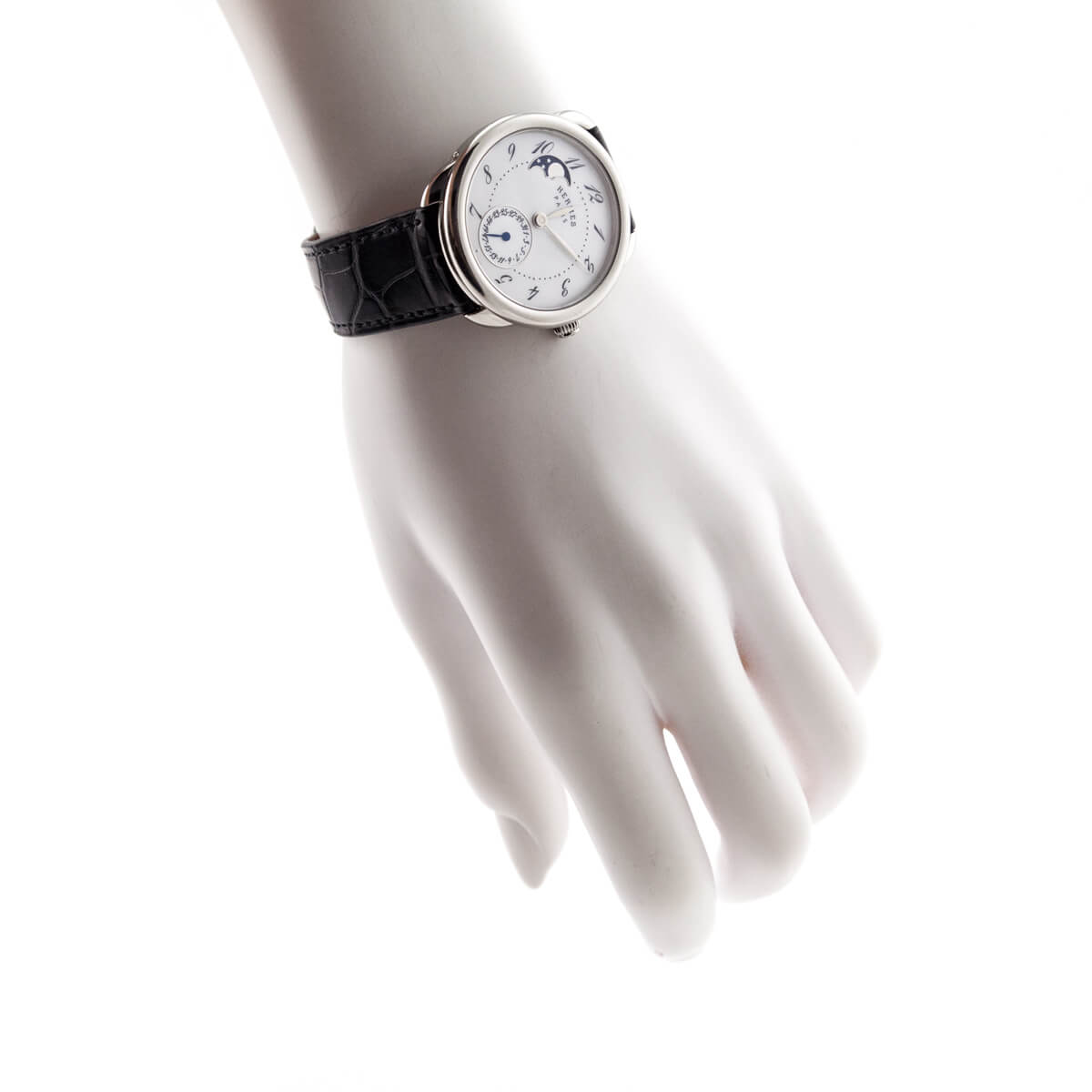 Hermes Stainless Steel Sapphire Alligator Arceau Petite Lune 38 MM Watch - Love that Bag etc - Preowned Authentic Designer Handbags Preloved Fashions