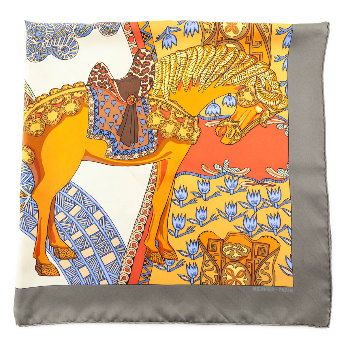 Hermes Taupe Orange Arts des Steppes Silk Scarf 90 - Love that Bag etc - Preowned Authentic Designer Handbags Preloved Fashions