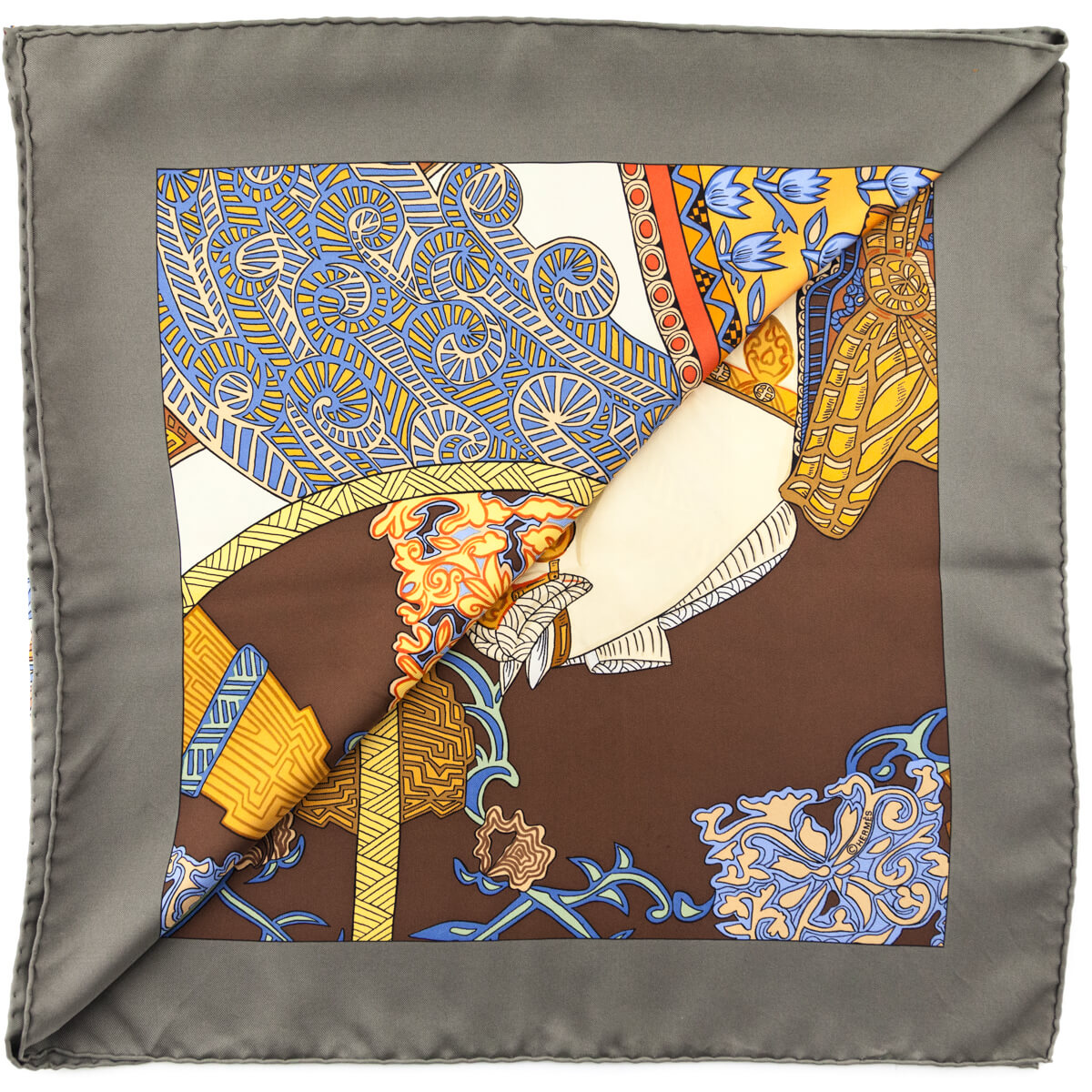 Hermes Taupe Orange Arts des Steppes Silk Scarf 90 - Love that Bag etc - Preowned Authentic Designer Handbags Preloved Fashions