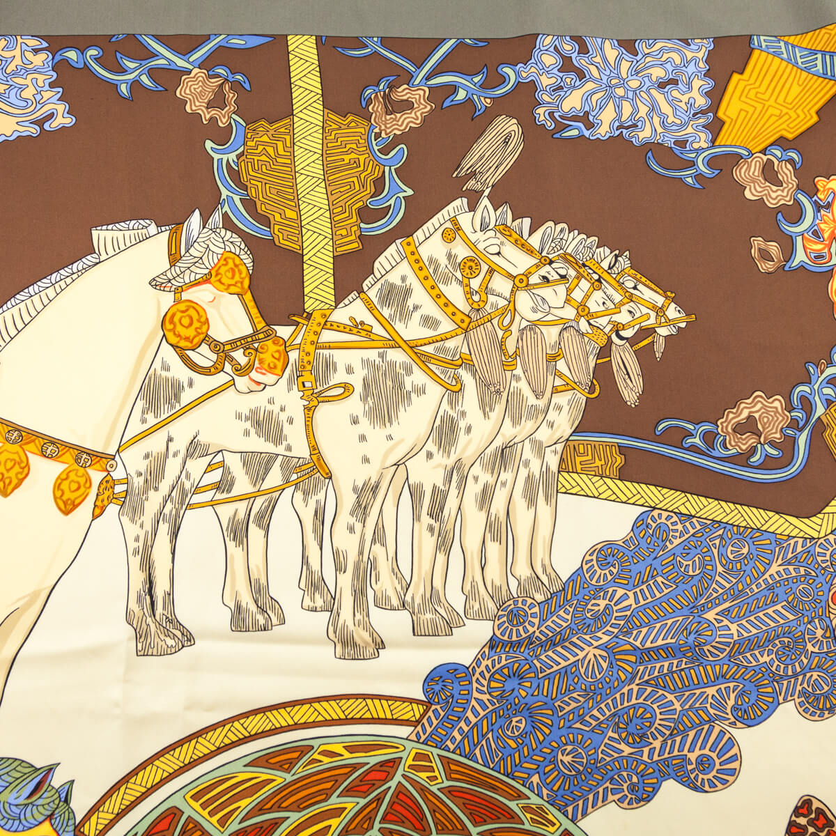 Hermes Taupe Orange Arts des Steppes Silk Scarf 90 - Love that Bag etc - Preowned Authentic Designer Handbags Preloved Fashions