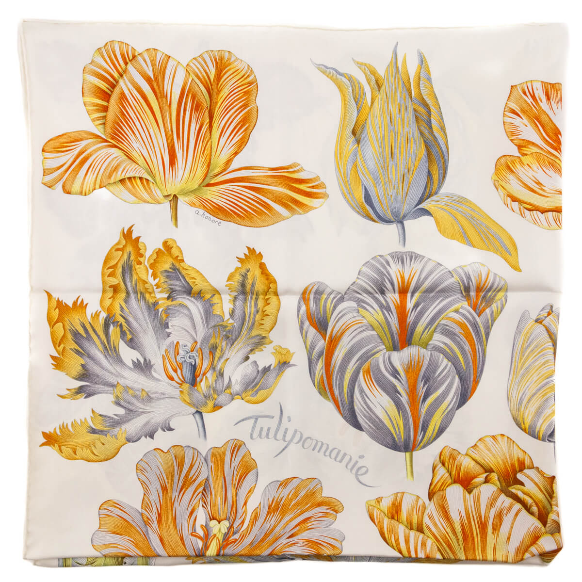 Hermes White Orange Tulipomanie Silk Scarf 90 - Love that Bag etc - Preowned Authentic Designer Handbags Preloved Fashions