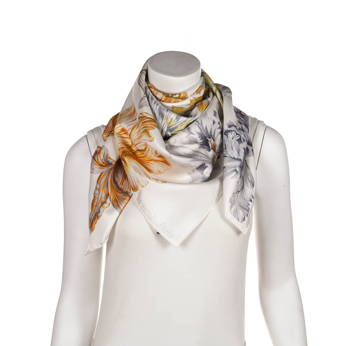 Hermes White Orange Tulipomanie Silk Scarf 90 - Love that Bag etc - Preowned Authentic Designer Handbags Preloved Fashions