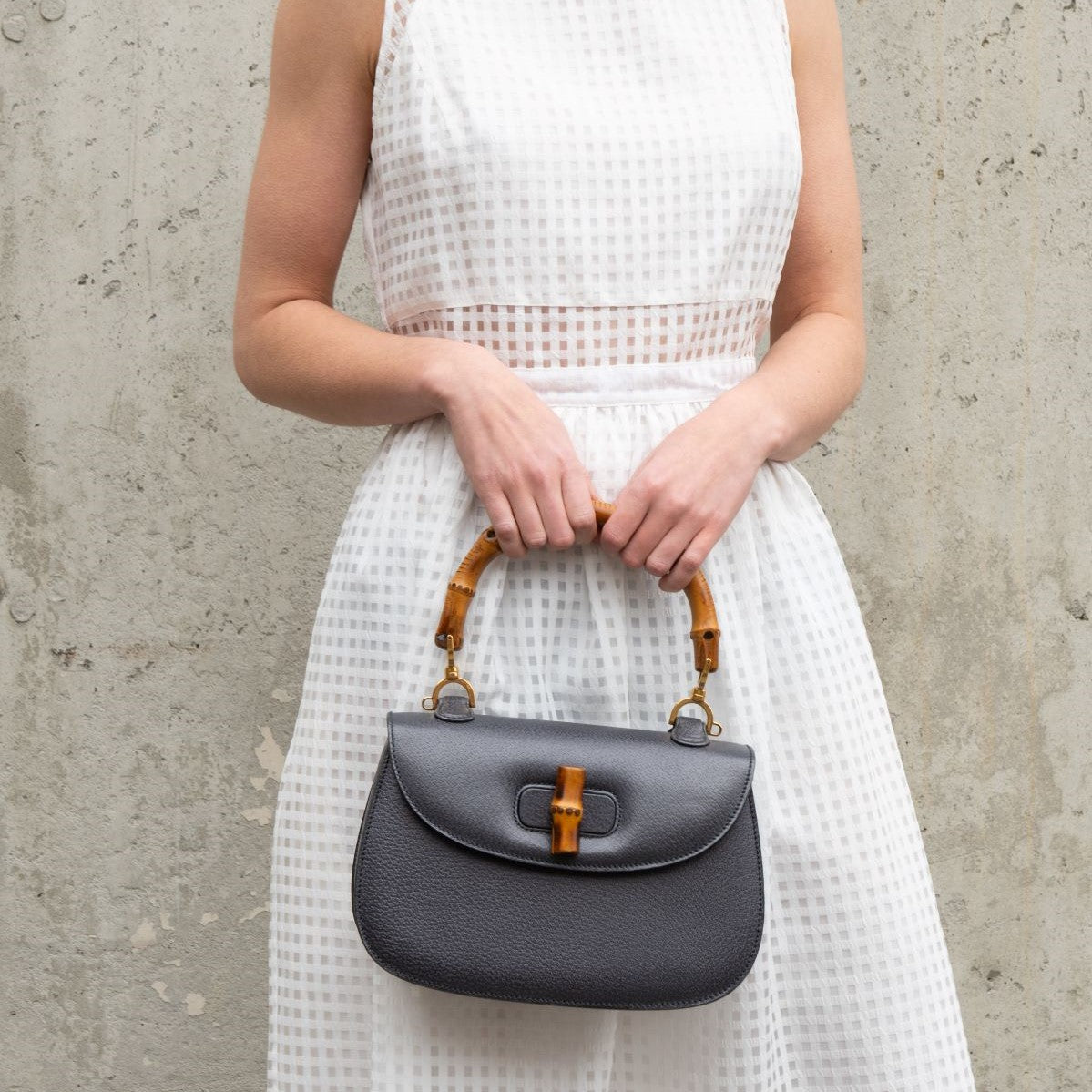 Gucci Gray Grained Calfskin Bamboo Top Handle Bag - Love that Bag etc - Preowned Authentic Designer Handbags Preloved Fashions