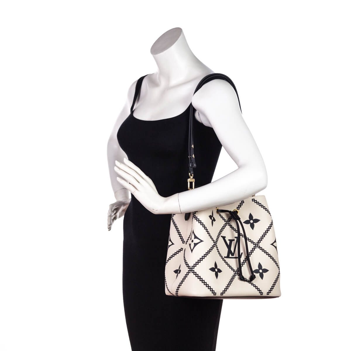 Louis Vuitton Cream Black Empreinte Monogram Giant Broderies NeoNoe MM - Love that Bag etc - Preowned Authentic Designer Handbags Preloved Fashions