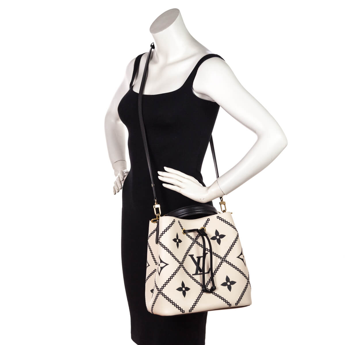 Louis Vuitton Cream Black Empreinte Monogram Giant Broderies NeoNoe MM - Love that Bag etc - Preowned Authentic Designer Handbags Preloved Fashions