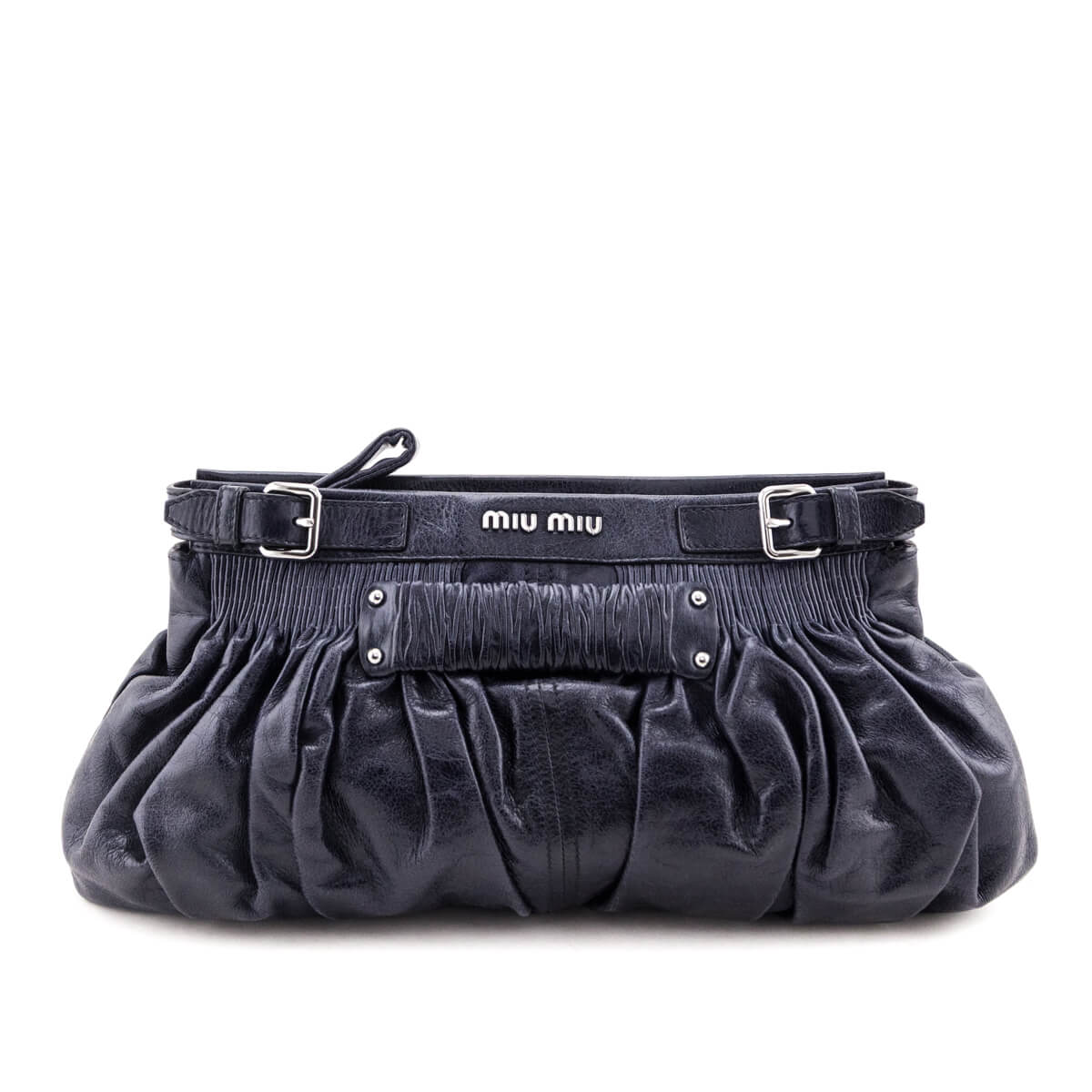Miu Miu Navy Vitello Shine Pattina Ruched Clutch - Love that Bag etc - Preowned Authentic Designer Handbags Preloved Fashions
