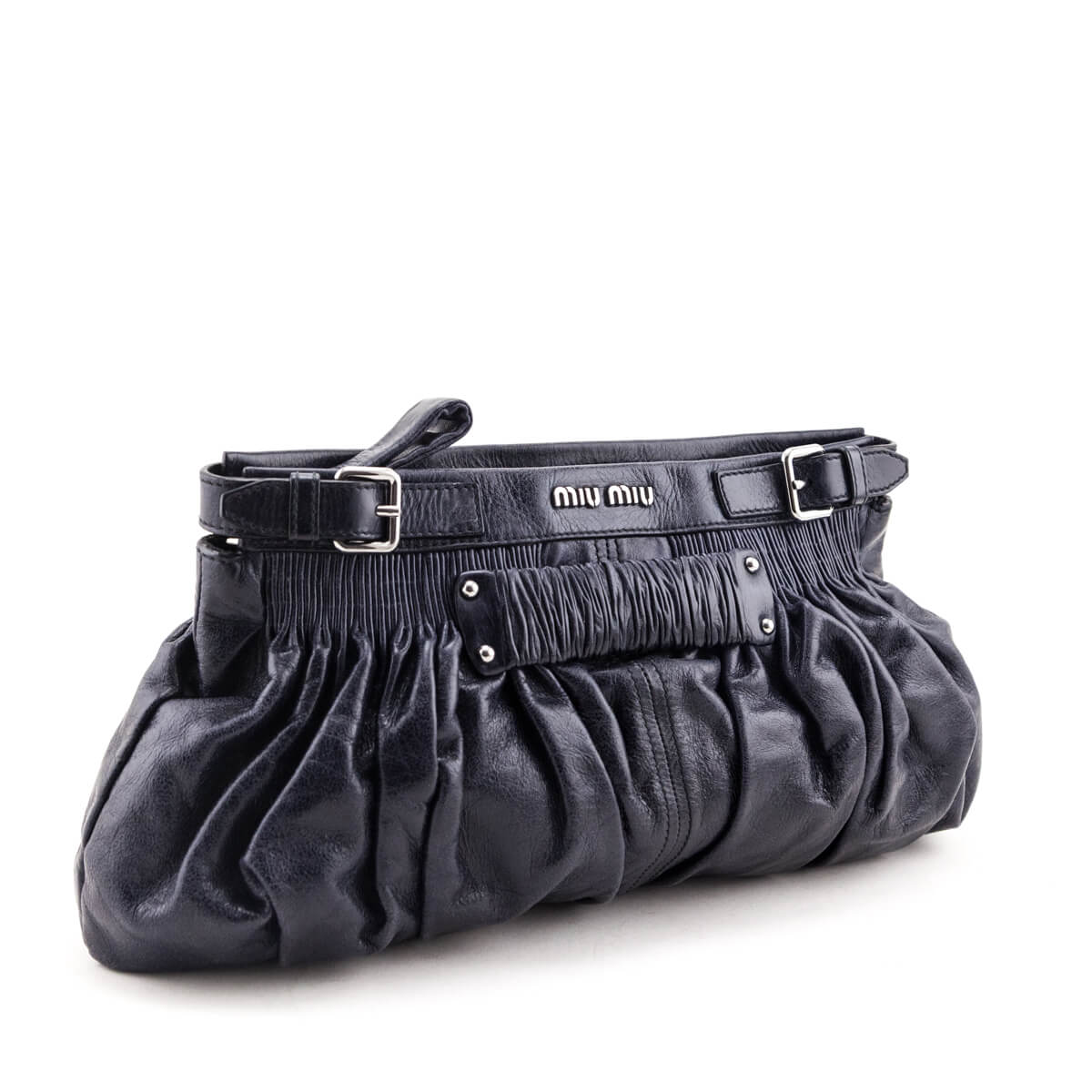 Miu Miu Navy Vitello Shine Pattina Ruched Clutch - Love that Bag etc - Preowned Authentic Designer Handbags Preloved Fashions