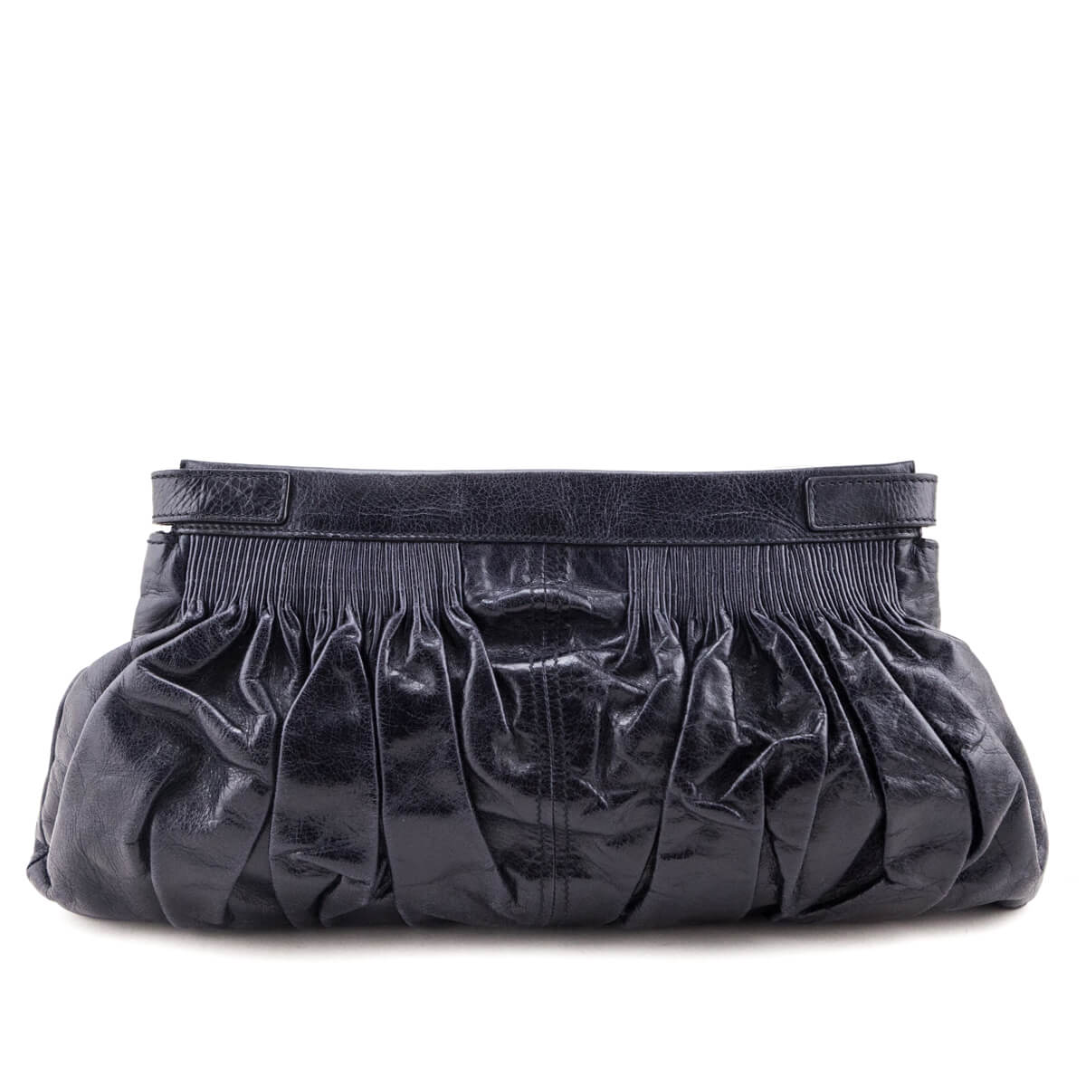 Miu Miu Navy Vitello Shine Pattina Ruched Clutch - Love that Bag etc - Preowned Authentic Designer Handbags Preloved Fashions