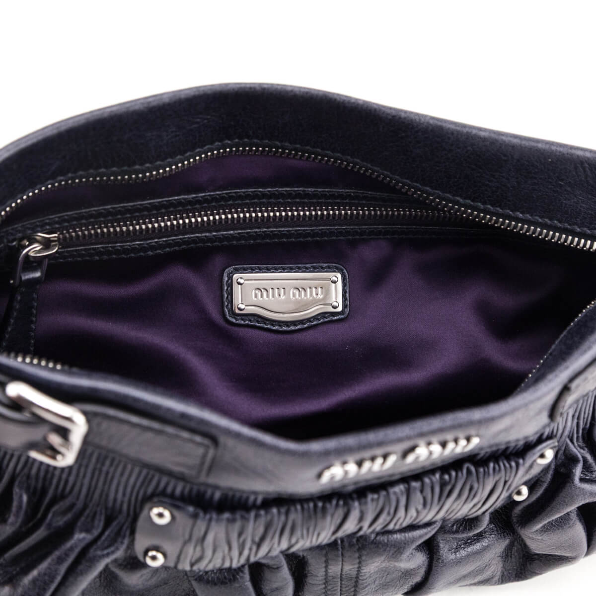 Miu Miu Navy Vitello Shine Pattina Ruched Clutch - Love that Bag etc - Preowned Authentic Designer Handbags Preloved Fashions
